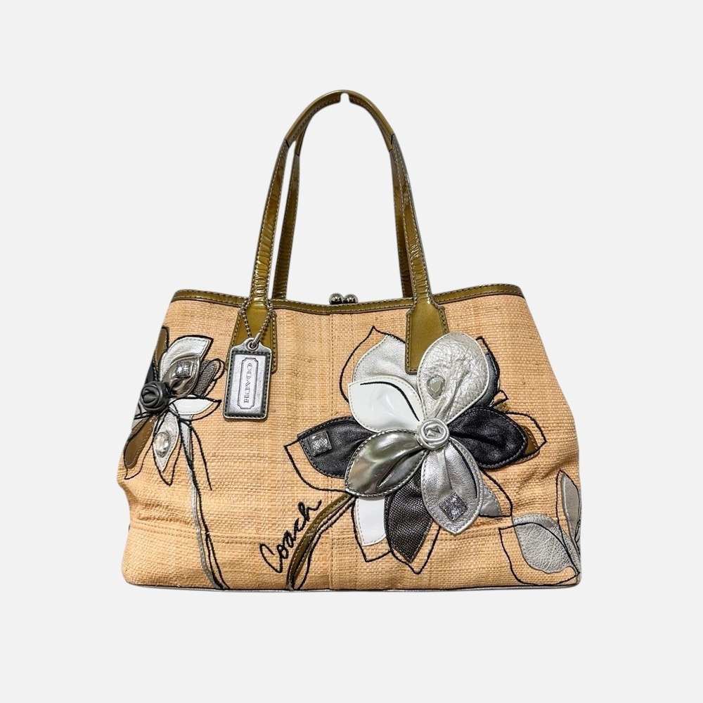 Coach Hamptons 10th Anniversary Straw Floral Tote Bag Green Patent Y2K 13531